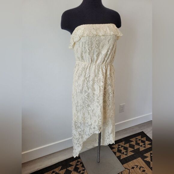 Trixxi Cream Lace High Low Dress Sleeveless Tube Top Boho Fairy Gypsy Medium - Picture 2 of 12